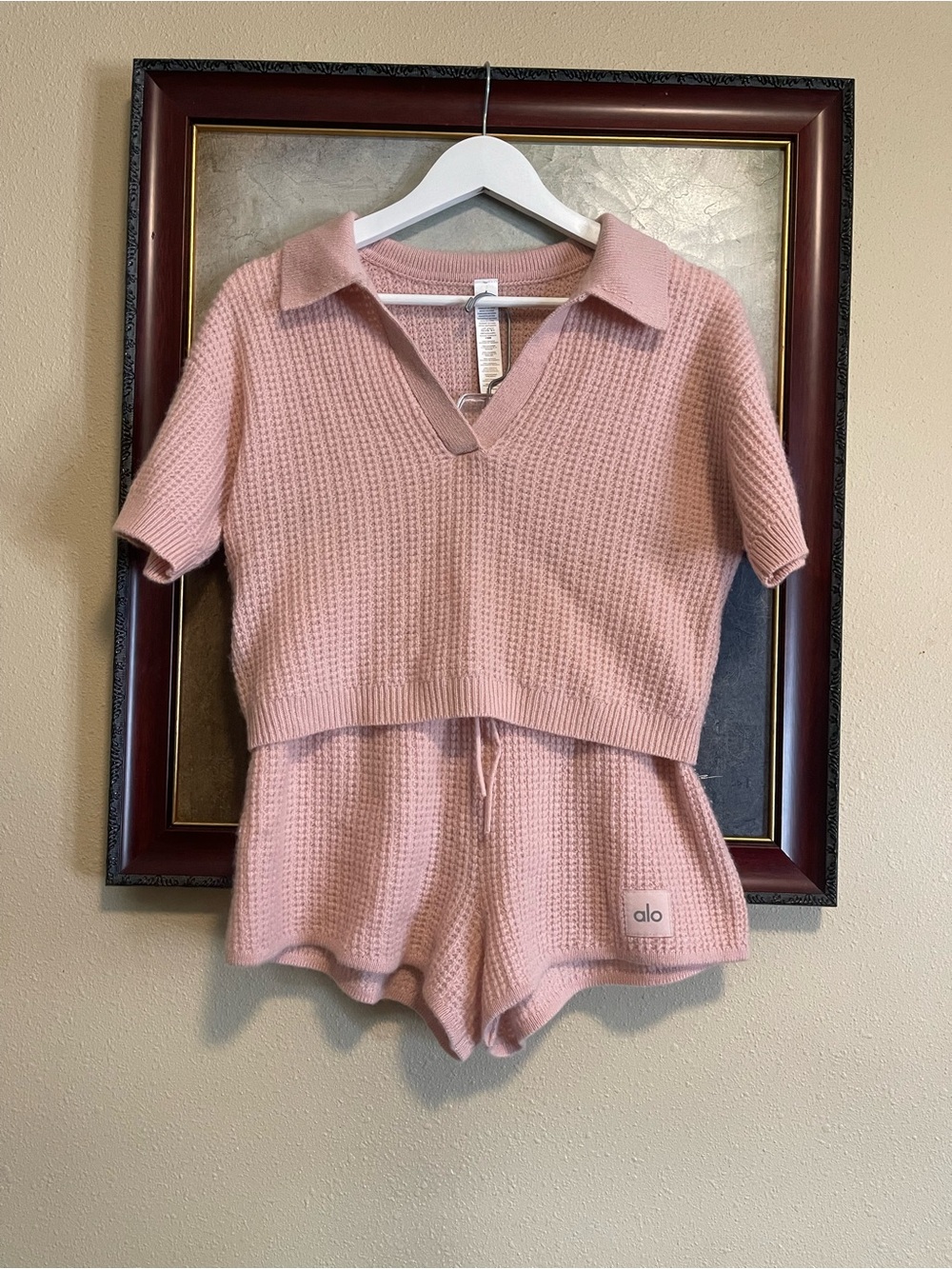 ALO Yoga Blush Pink Waffle Knit Two-Piece Loungewear Set